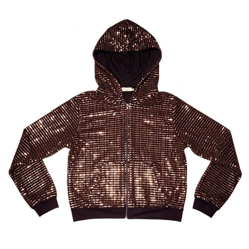 Blumin Apparel Gold Sequin Jacket LG Zip Hoodie Bronze Black Cuffs Holiday Bling